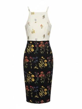 H&M Cream & Black Floral Midi Dress Sz 2